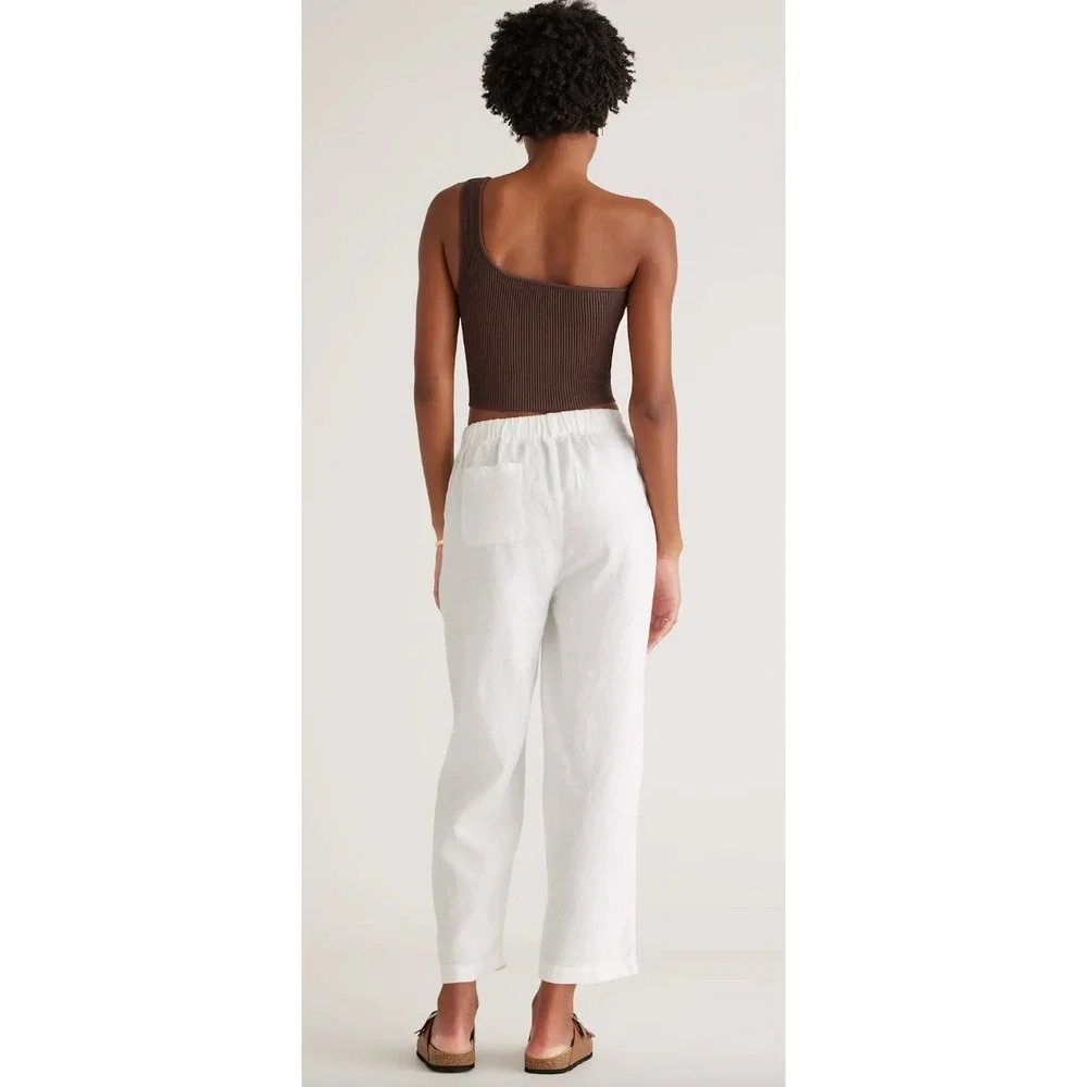 Quince Womens White 100% European Linen Straight Leg Elastic Waist Pants Sz L
